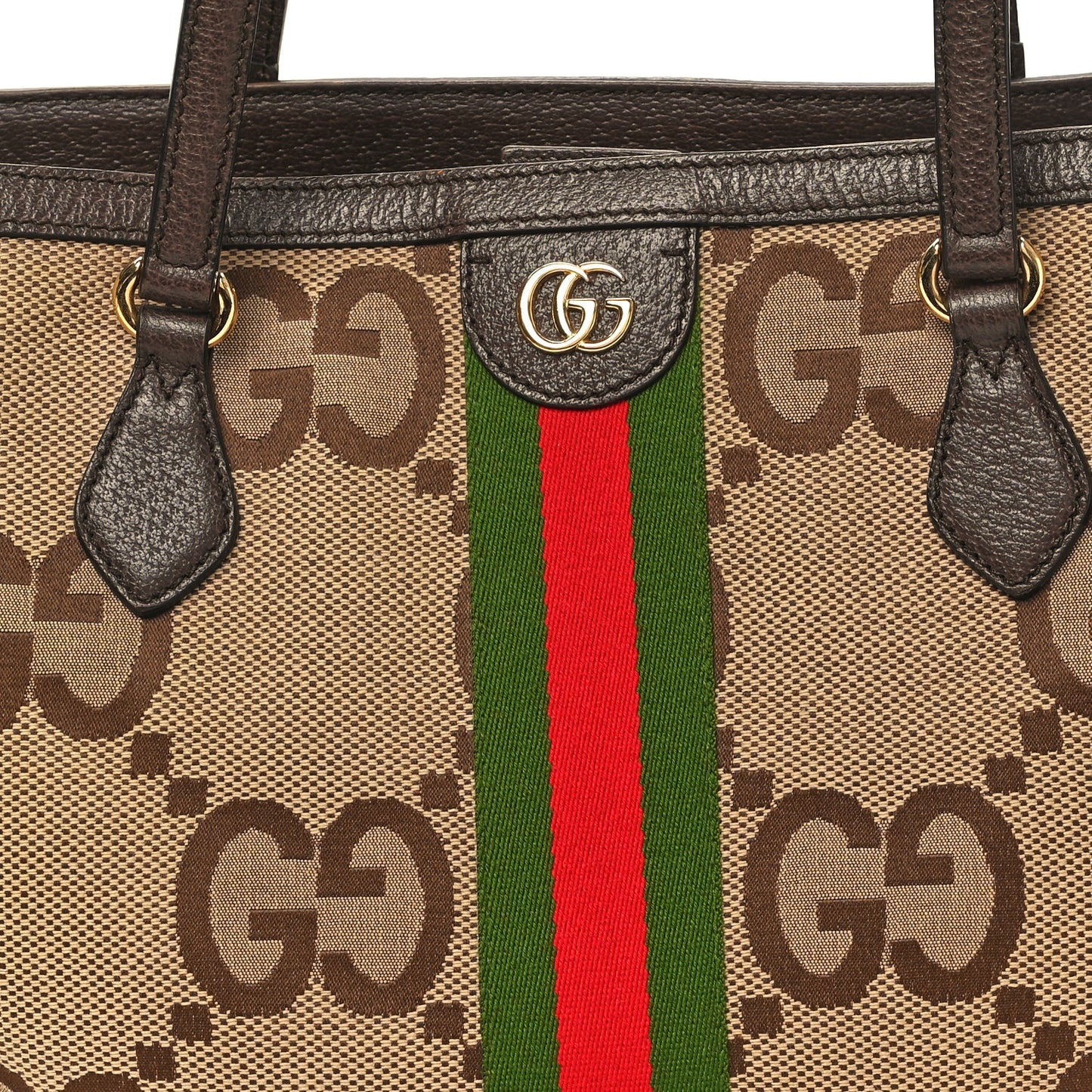 Monogram Jumbo GG Textured Dollar Calfskin Web Medium Ophidia Shopping Tote Camel Ebony