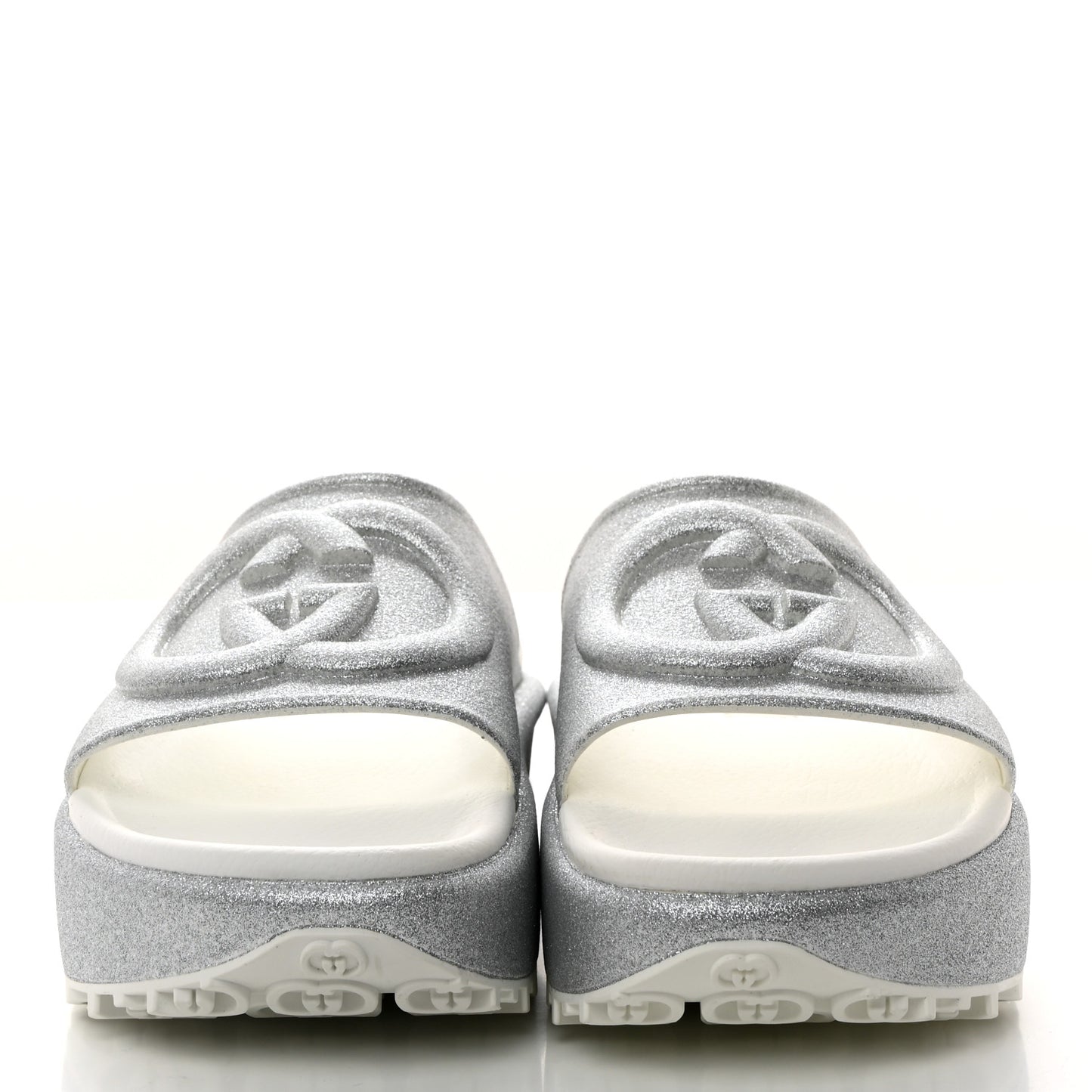 Glitter Rubber Womens Interlocking G Platform 42mm Slide Sandals 39 Silver