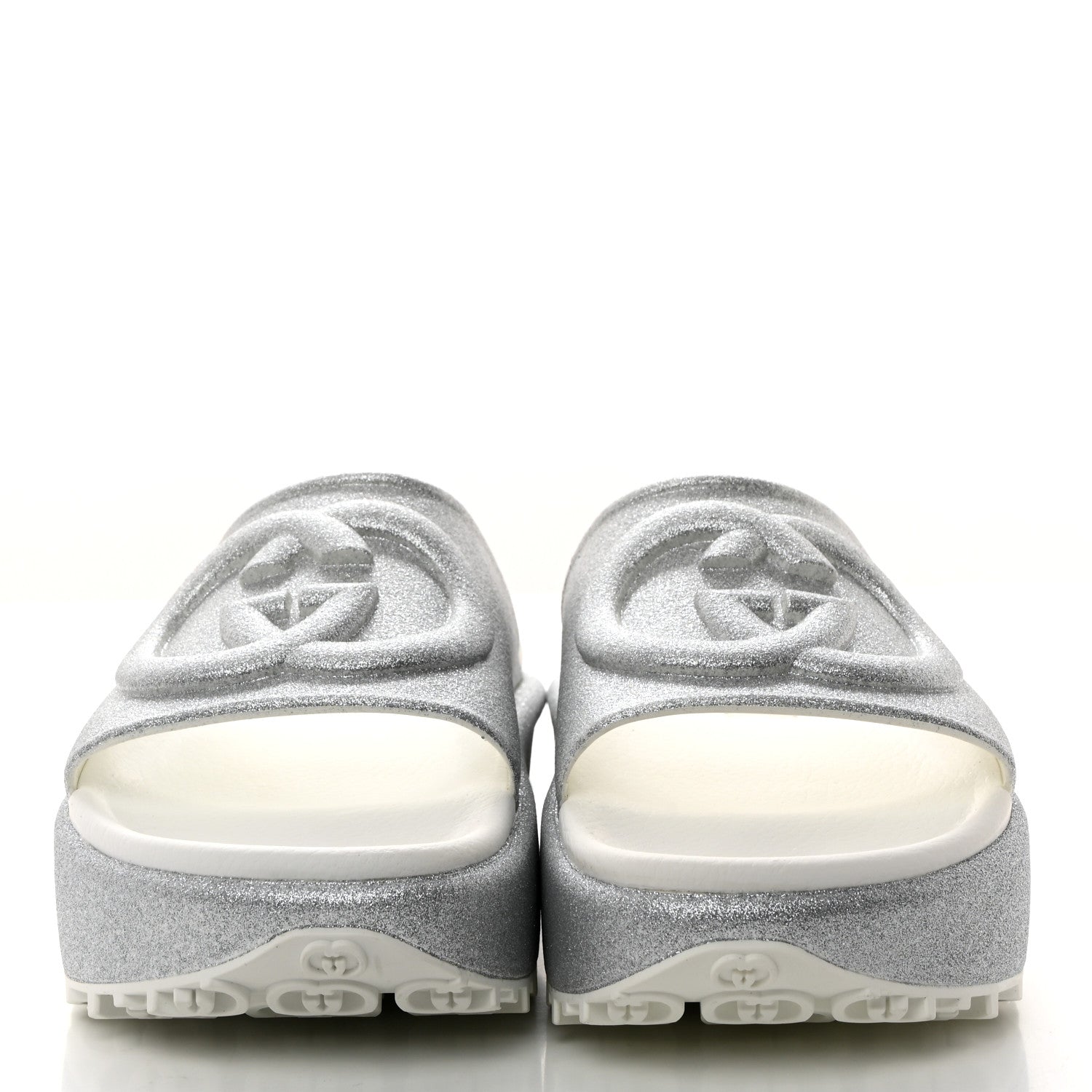 Gucci Glitter Rubber Womens Interlocking G Platform 42mm Slide Sandals 39 Silver 2 of 9