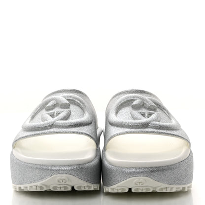 Gucci Glitter Rubber Womens Interlocking G Platform 42mm Slide Sandals 39 Silver 2 of 9