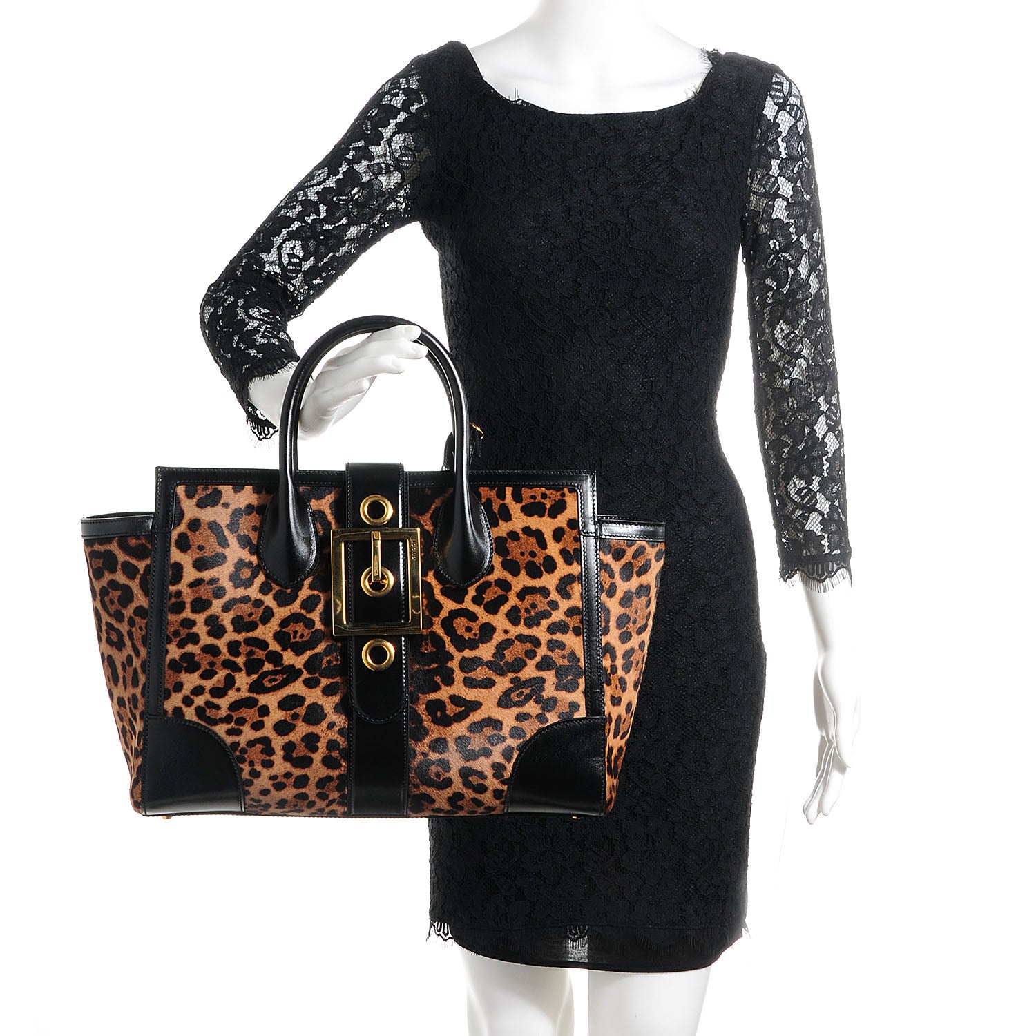 Gucci Pony Hair Jaguar Print Medium Lady Buckle Top Handle Bag Black 2 of 10