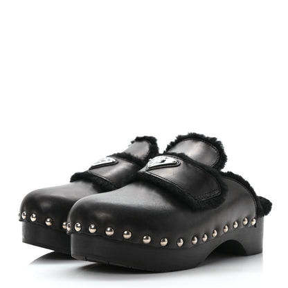 Prada Natural Calfskin Shearling Metal Triangle Logo 45mm Clogs 38 Black 3 of 7