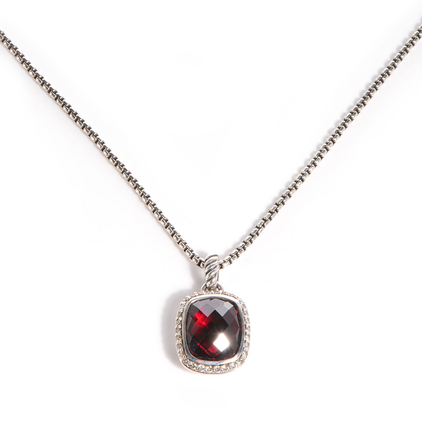 Sterling Silver Diamond Noblesse Pendant Garnet Box Chain Necklace