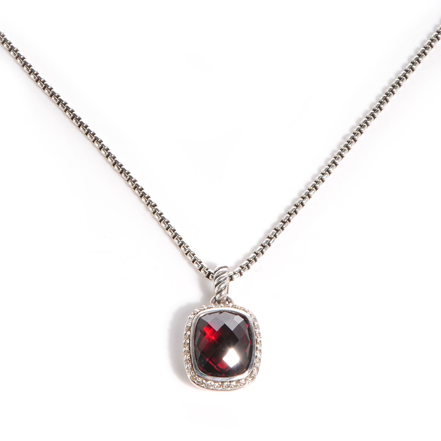 David Yurman Sterling Silver Diamond Noblesse Pendant Garnet Box Chain Necklace 1 of 5