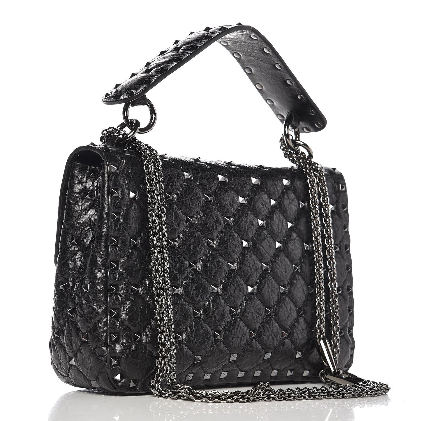 Craquele Nappa Medium Rockstud Spike Shoulder Bag Black