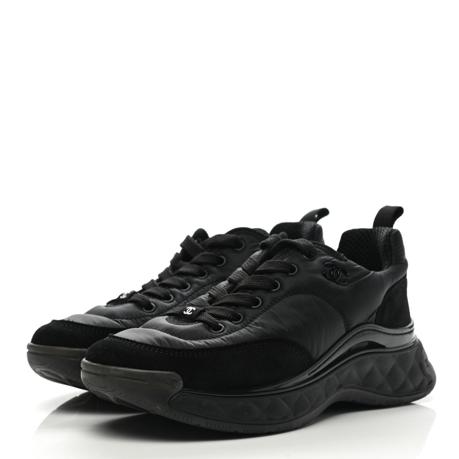 Chanel Nylon Calfskin Suede CC Sneakers 37.5 Black 3 of 10