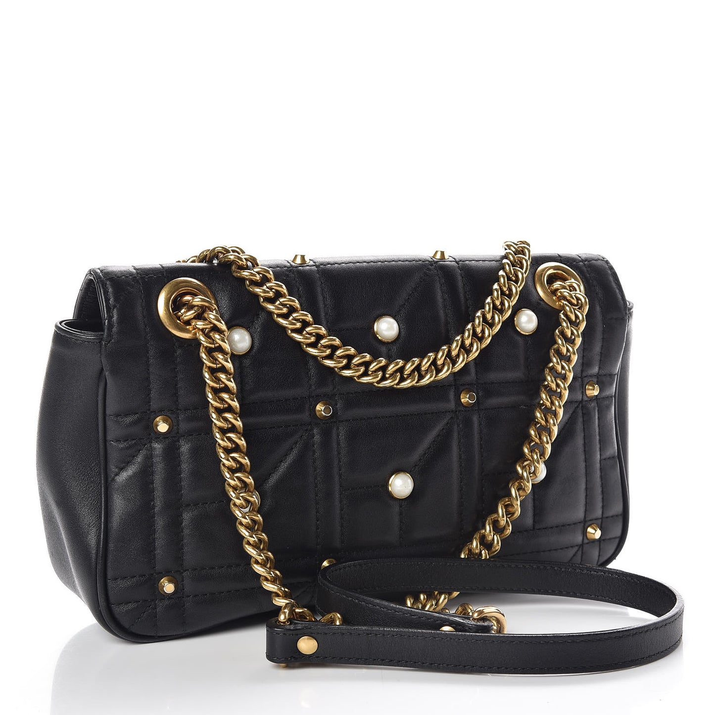 Calfskin Matelasse Studded Small Pearly GG Marmont Shoulder Bag Black