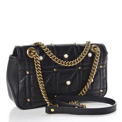 Gucci Calfskin Matelasse Studded Small Pearly GG Marmont Shoulder Bag Black 3 of 15