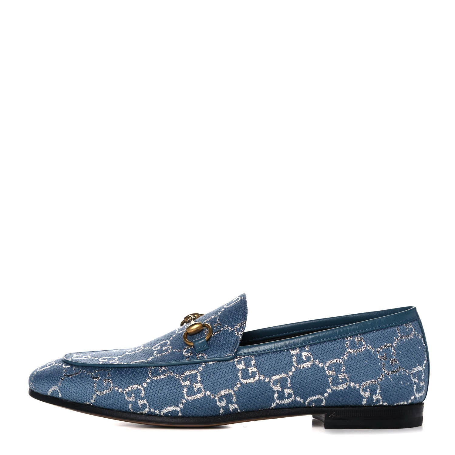 Gucci Canvas Lame GG Monogram Horsebit Womens Jordaan Loafers 37 Blue Silver 1 of 11