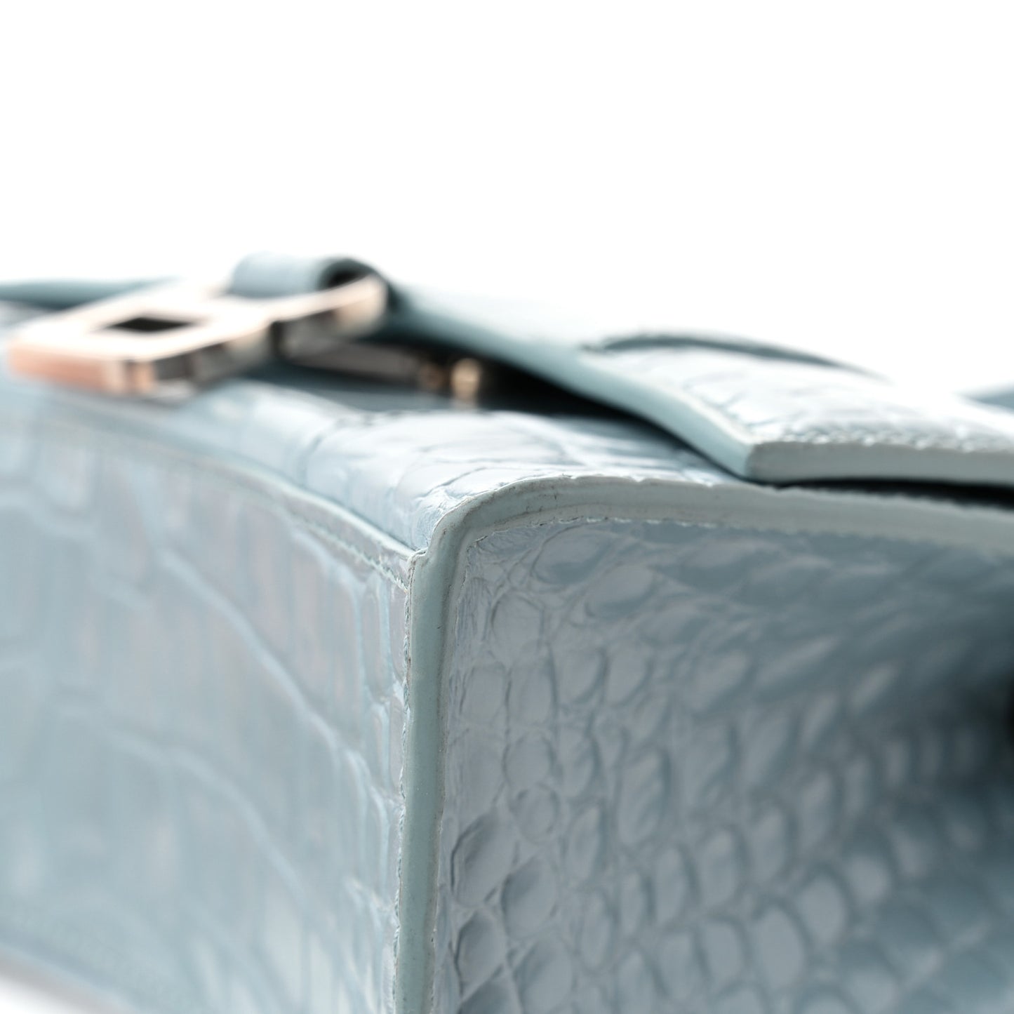 Shiny Calfskin Crocodile Embossed Hourglass Top Handle Bag XS Blue Grey