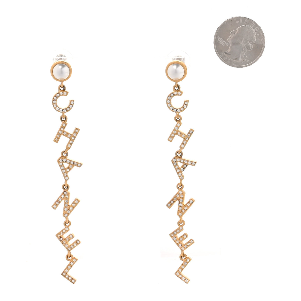 Crystal Pearl Logo Drop Earrings Gold