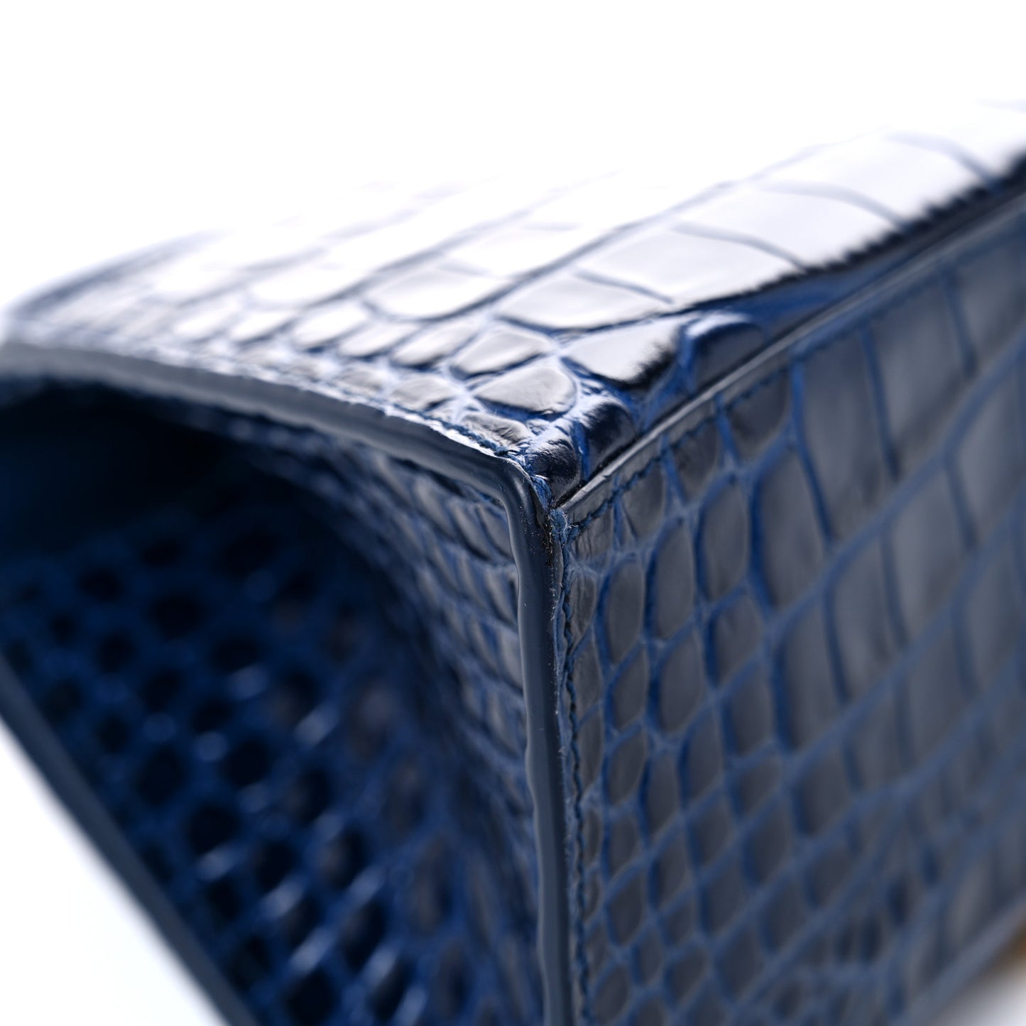 Shiny Calfskin Crocodile Embossed Small Hourglass Top Handle Bag Navy
