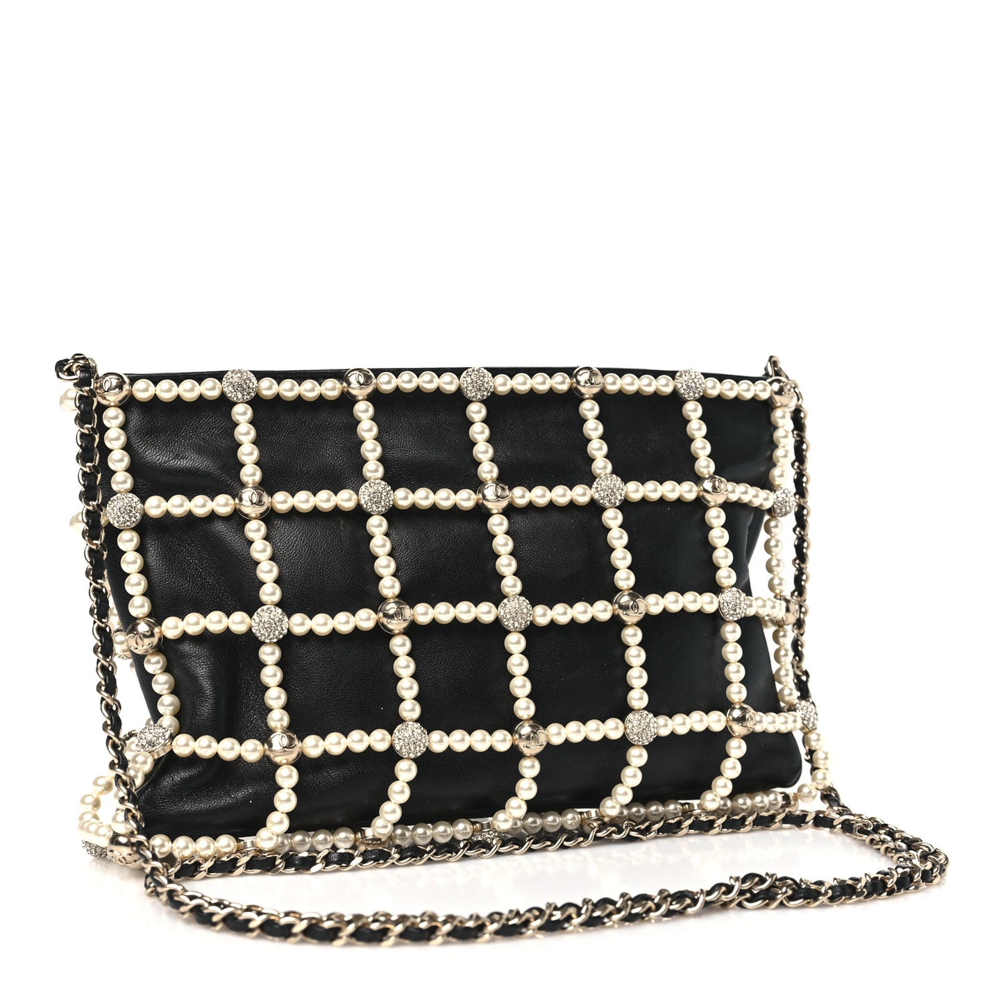Lambskin Pearl Frame Shoulder Bag Black