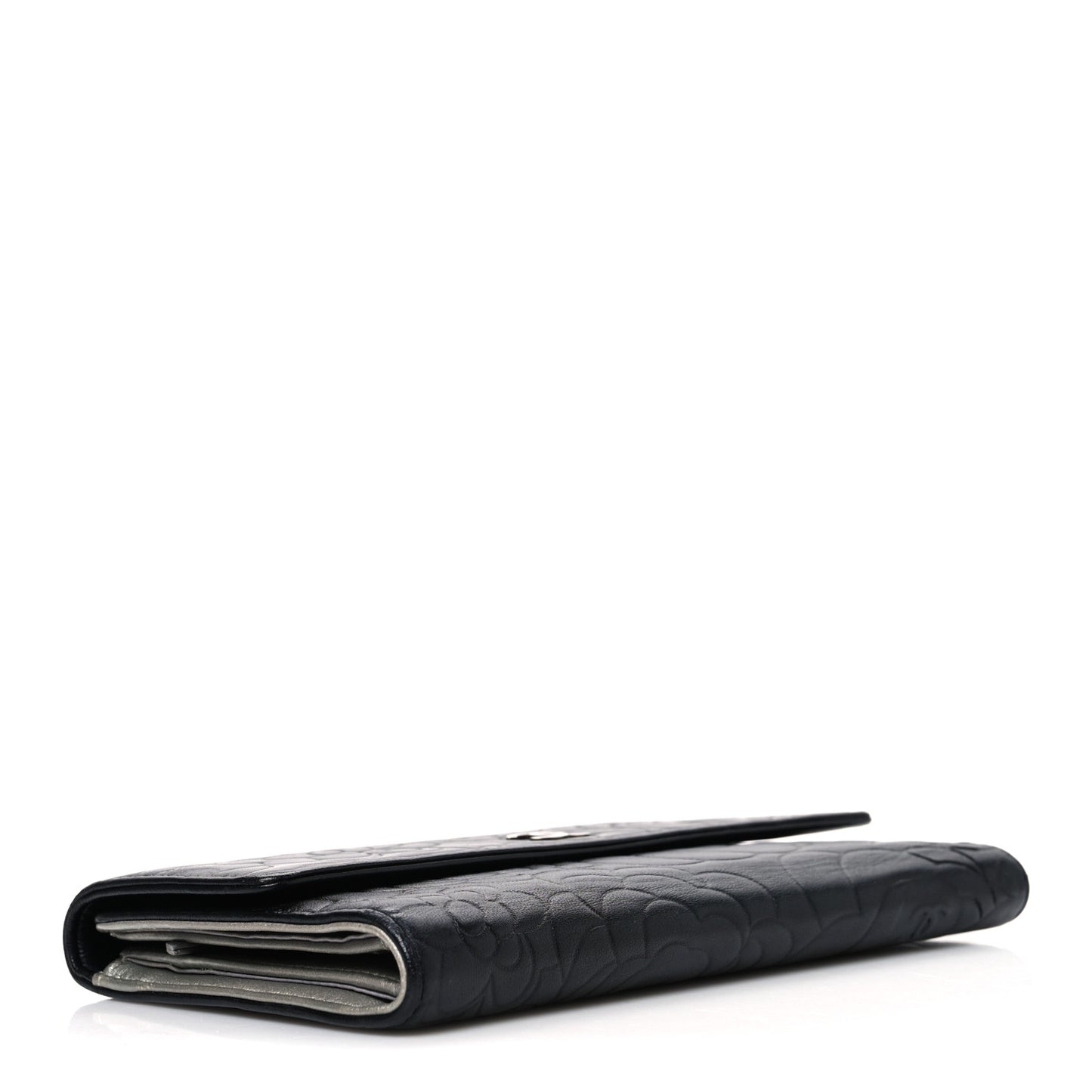 Lambskin Camellia Embossed Large Flap Wallet Black