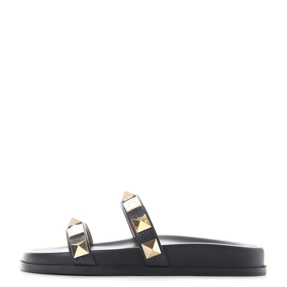Valentino Garavani Pebbled Calfskin Macro Rockstud Lock Slide Sandals 35 Black 1 of 10