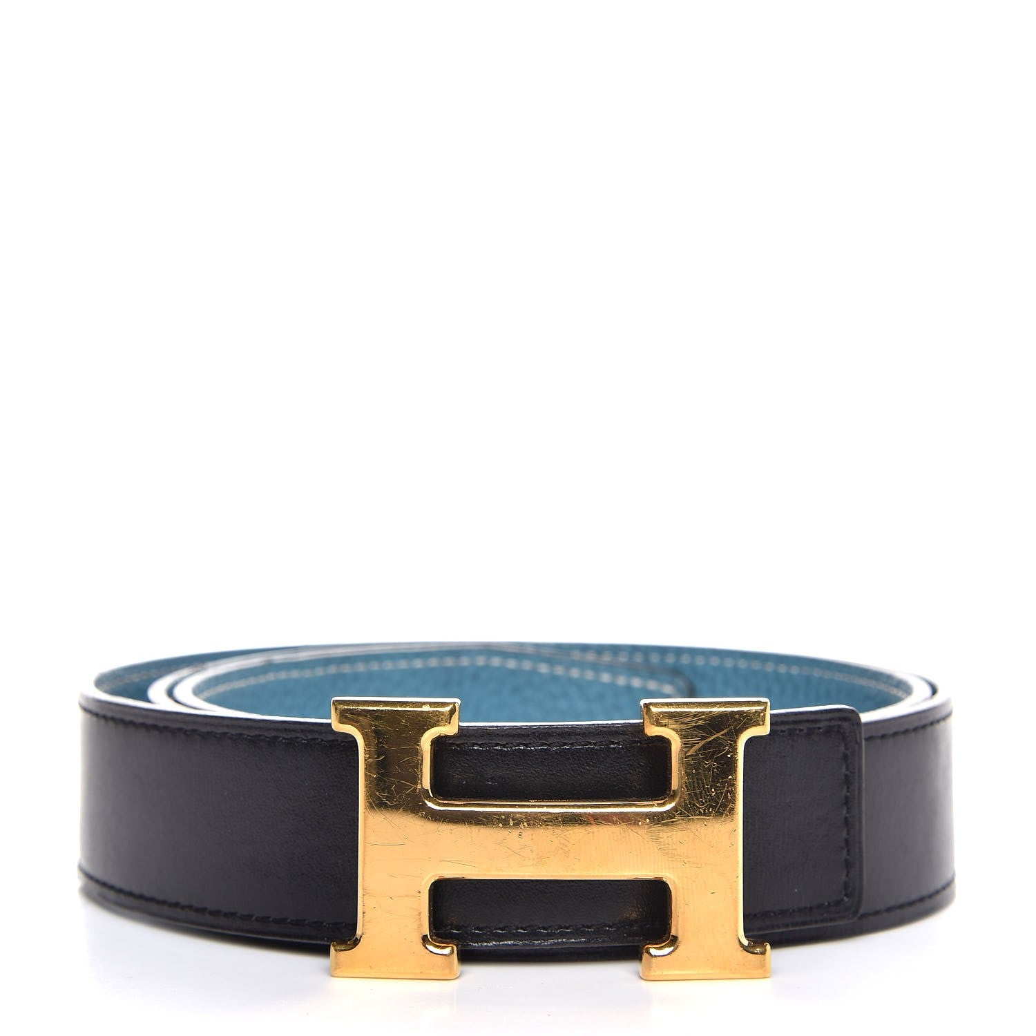 Hermes Togo Box 32mm H Belt 90 Black Blue Jean 1 of 8