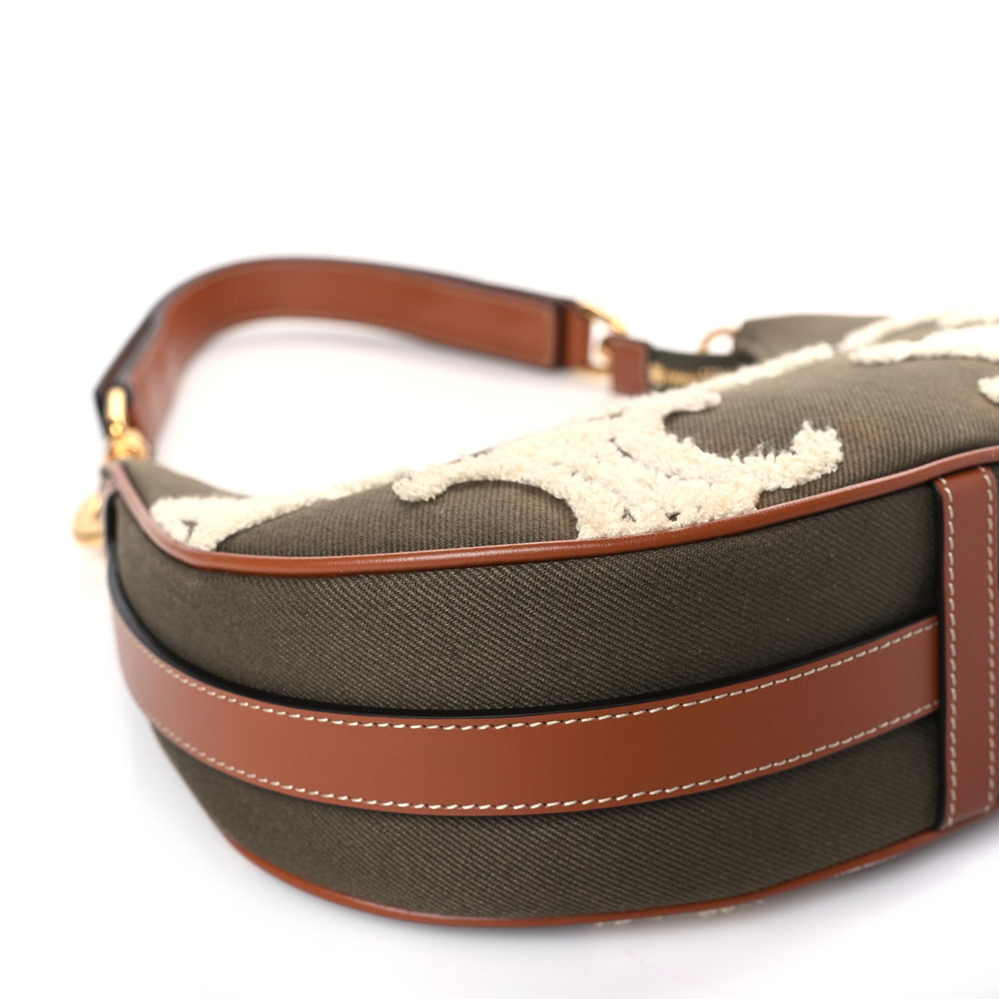 Cotton Gabardine Bouclette Embroidered Medium Strap Ava Triomphe Shoulder Bag Khaki Tan