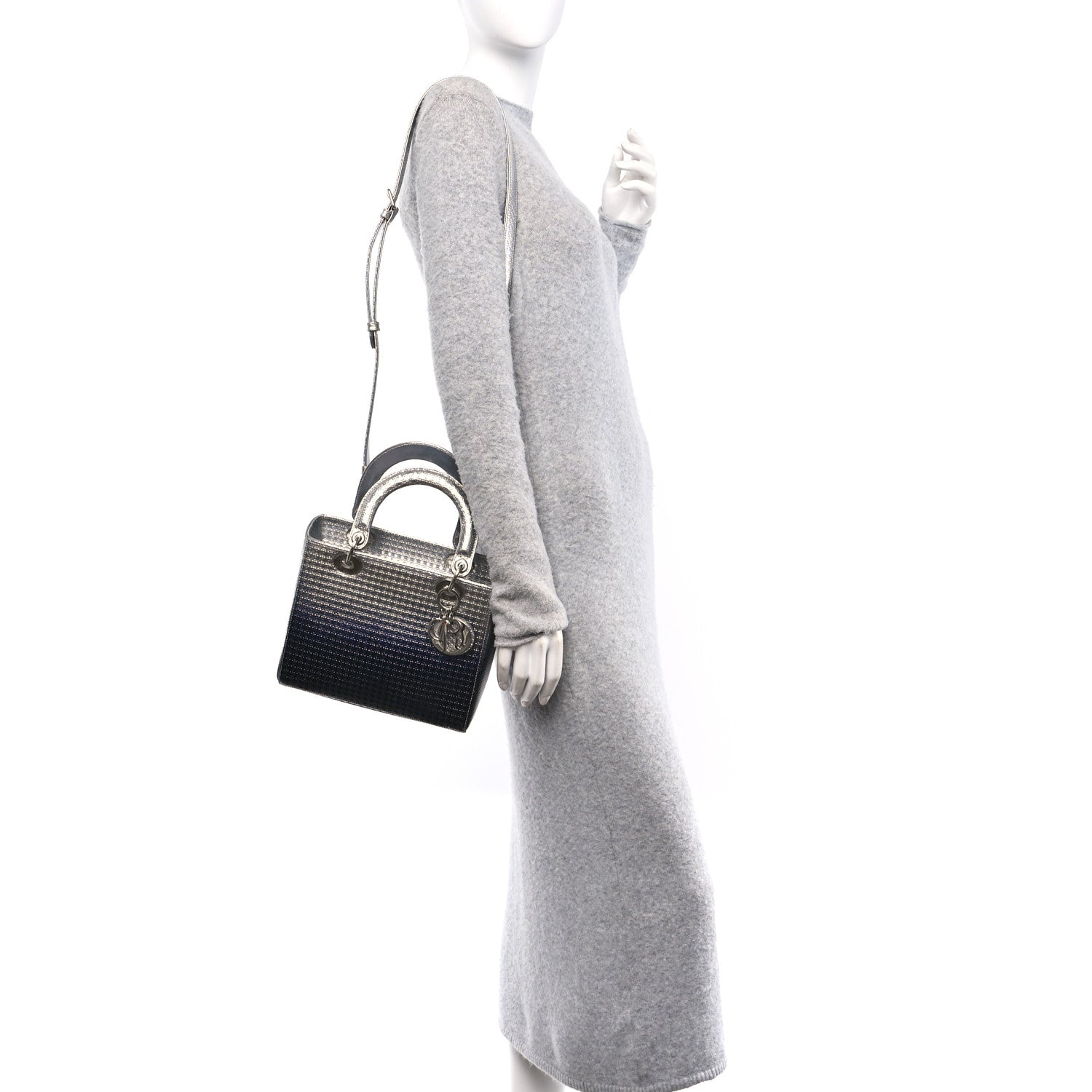 Christian Dior Metallic Patent Micro-Cannage Gradient Medium Lady Dior Silver Blue 2 of 9