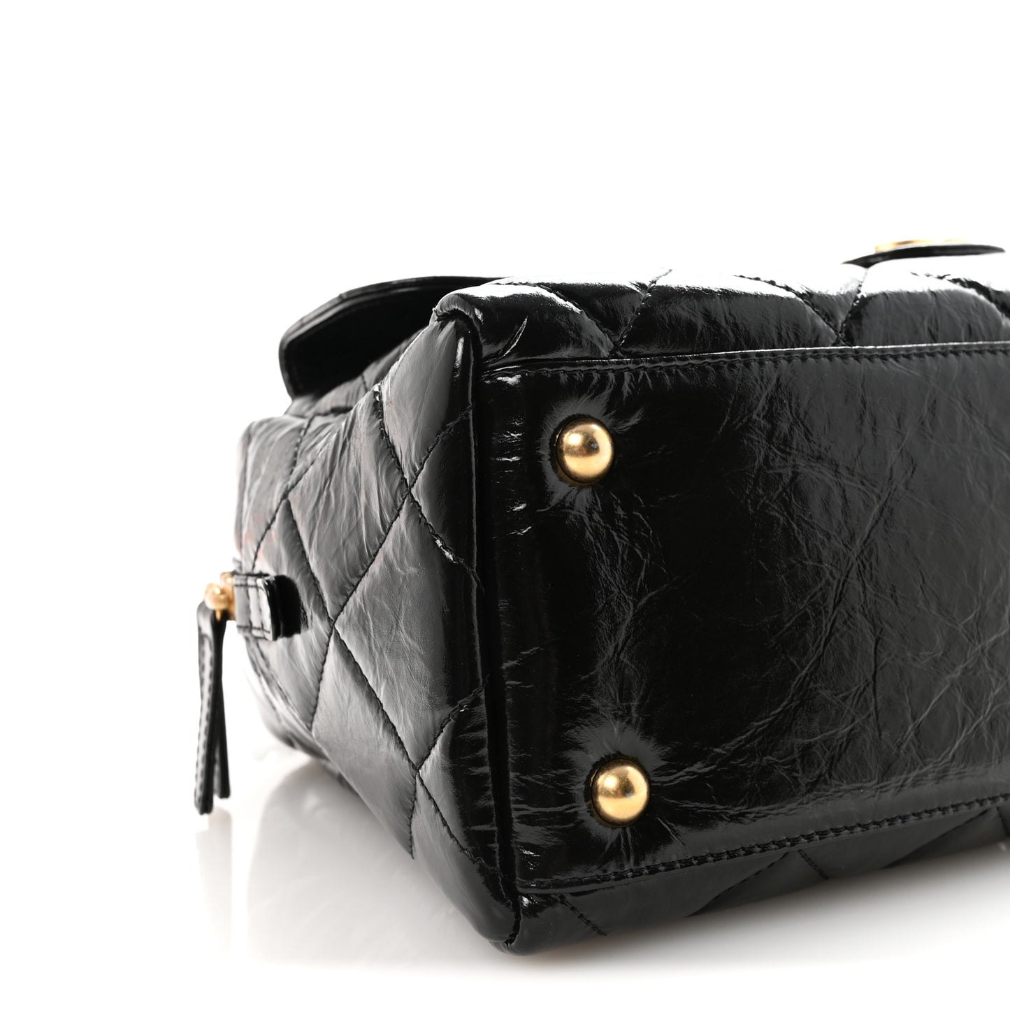 Shiny Crumpled Calfskin Quilted Large Bowling Bag Black