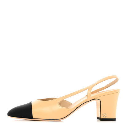 Chanel Goatskin Grosgrain Cap Toe CC Slingback Pumps 41 Beige Black 1 of 15
