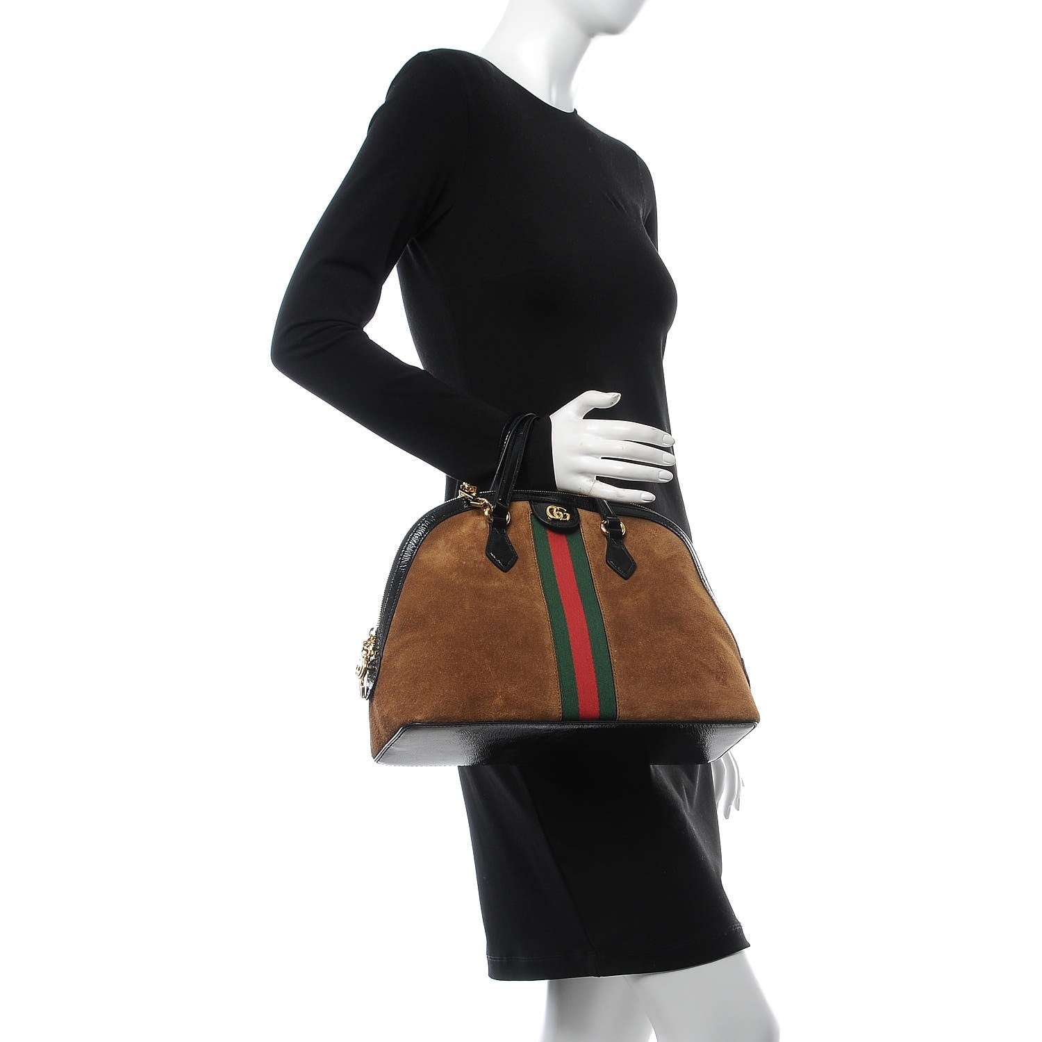 Gucci Suede Patent Web Medium Ophidia Top Handle Dome Bag Nocciola Black 3 of 9