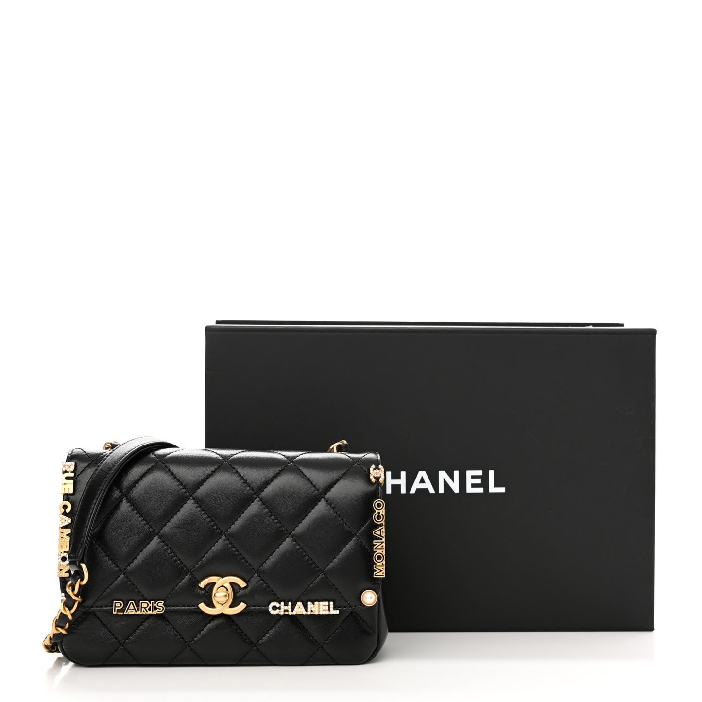 Lambskin Enamel Strass Quilted Mini Paris Monaco Flap Black