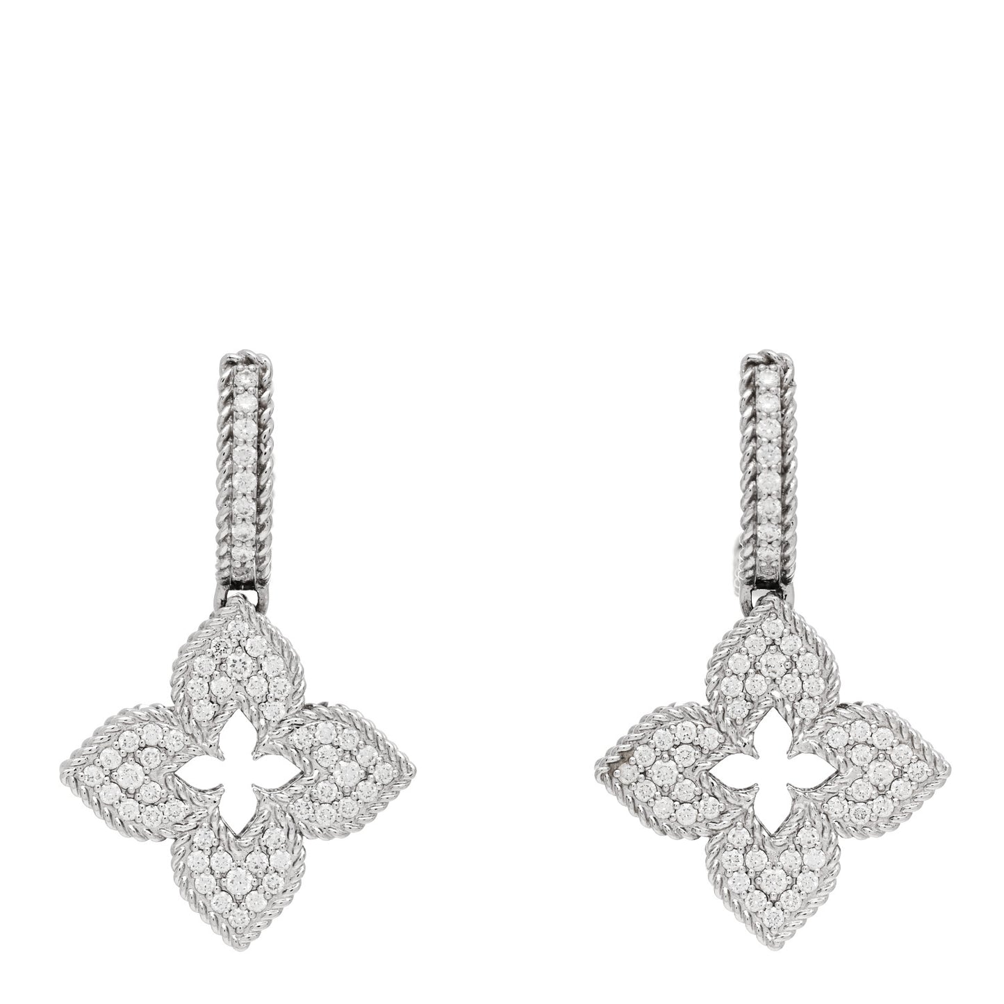 18K White Gold Diamond Venetian Princess Pave Flower Drop Earrings