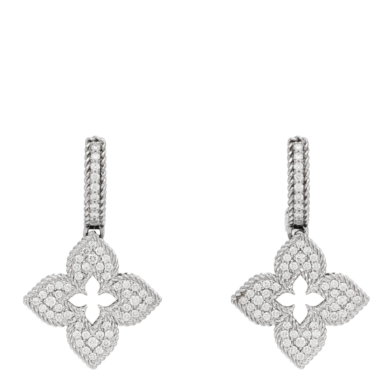 Roberto Coin 18K White Gold Diamond Venetian Princess Pave Flower Drop Earrings 1 of 5