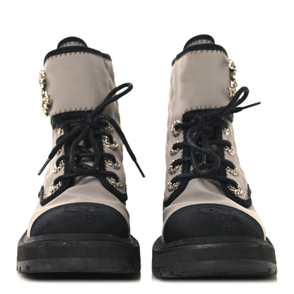 Chanel Fabric Grosgrain Lambskin Quilted Lace Up Combat Boot 36 Gray 3 of 11