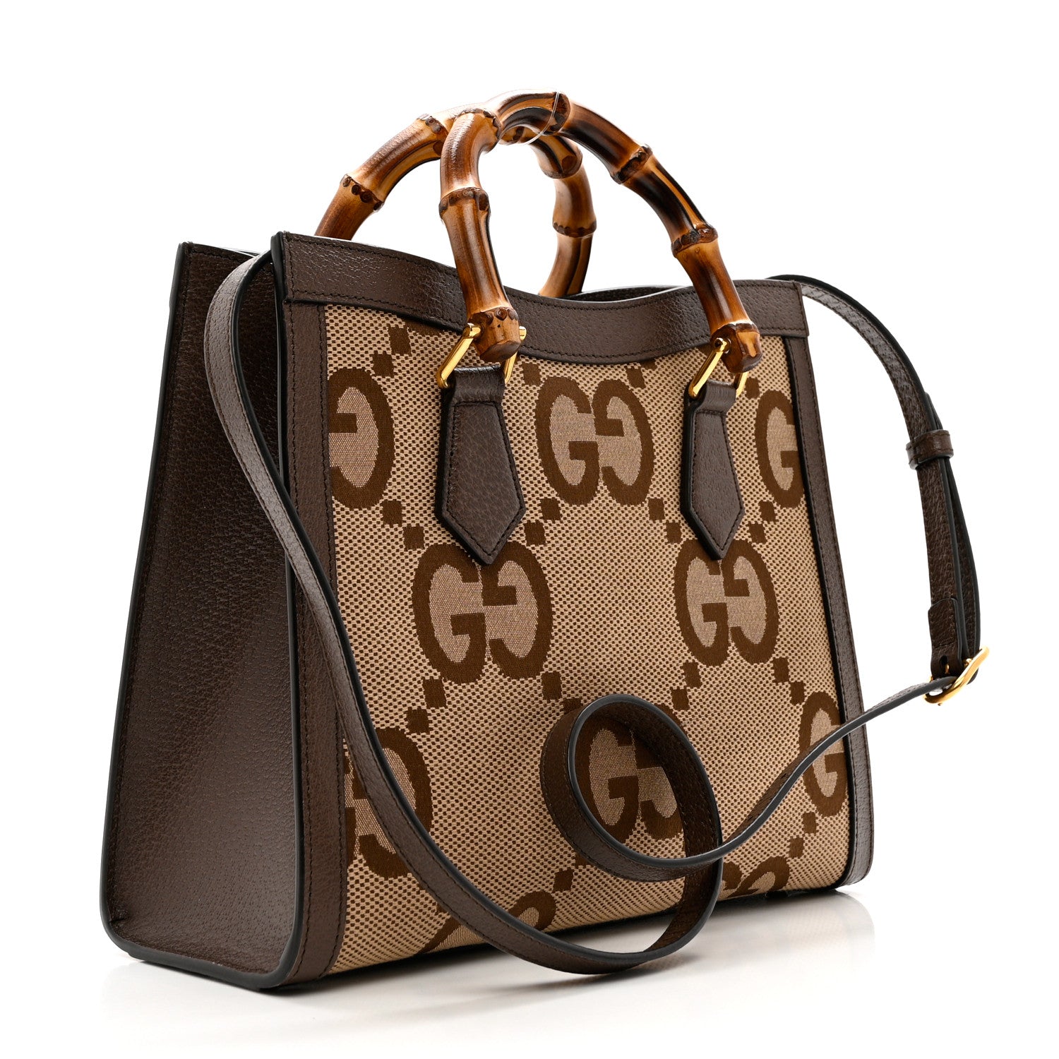 Gucci Monogram Jumbo GG Textured Dollar Calfskin Small Diana Tote Bag Camel Ebony New Acero 3 of 8