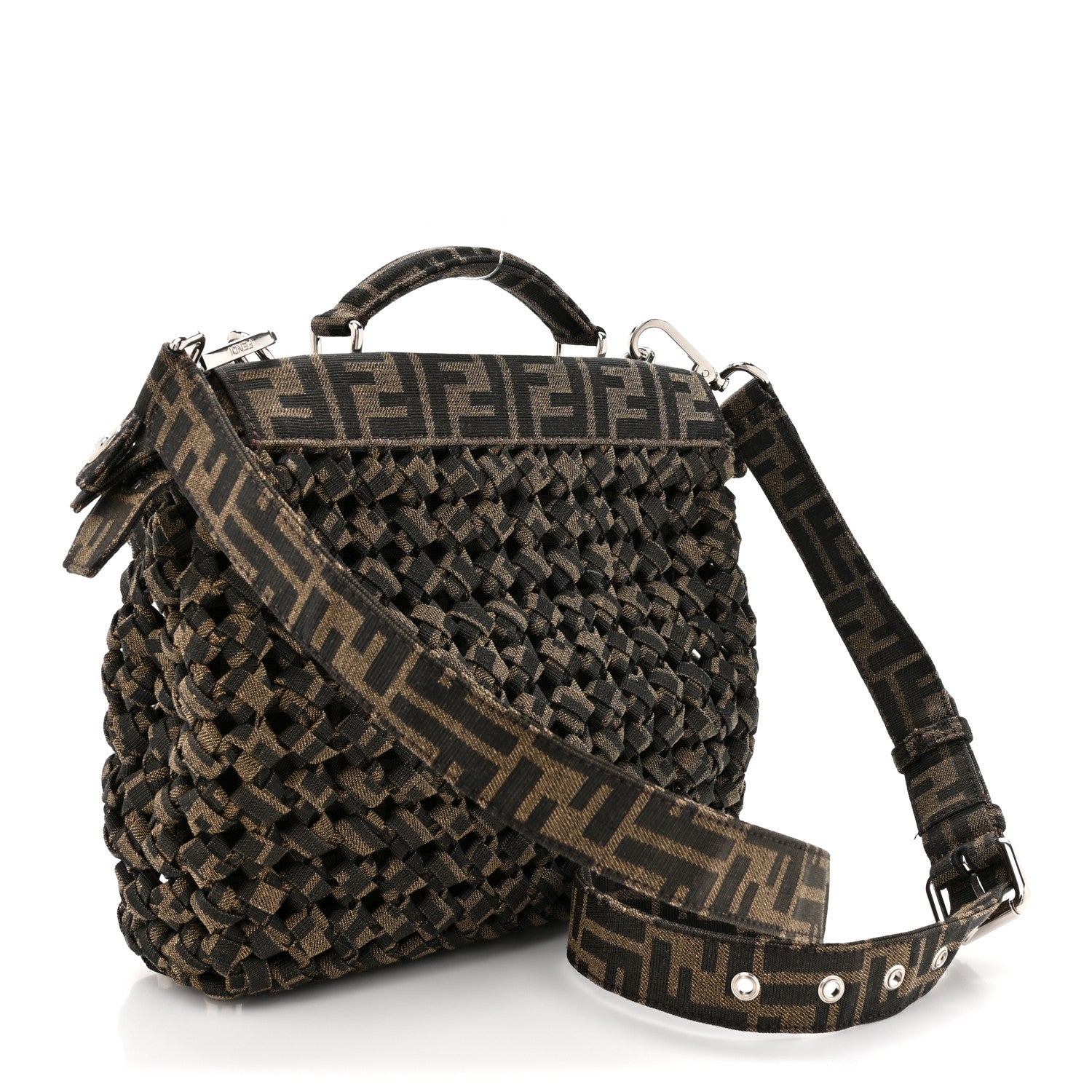 Fendi Fabric Jacquard FF 1974 Woven Knotted Mini Peekaboo I SEE U Satchel Tobacco Moro 4 of 13