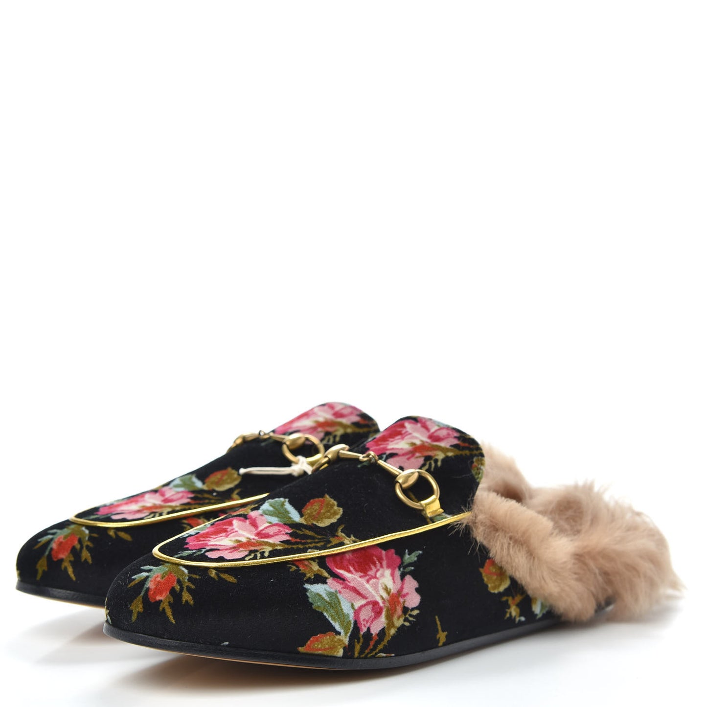 Velvet Fur Floral Womens Princetown Slippers 39.5 Black