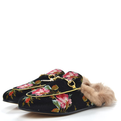 Gucci Velvet Fur Floral Womens Princetown Slippers 39.5 Black 3 of 8