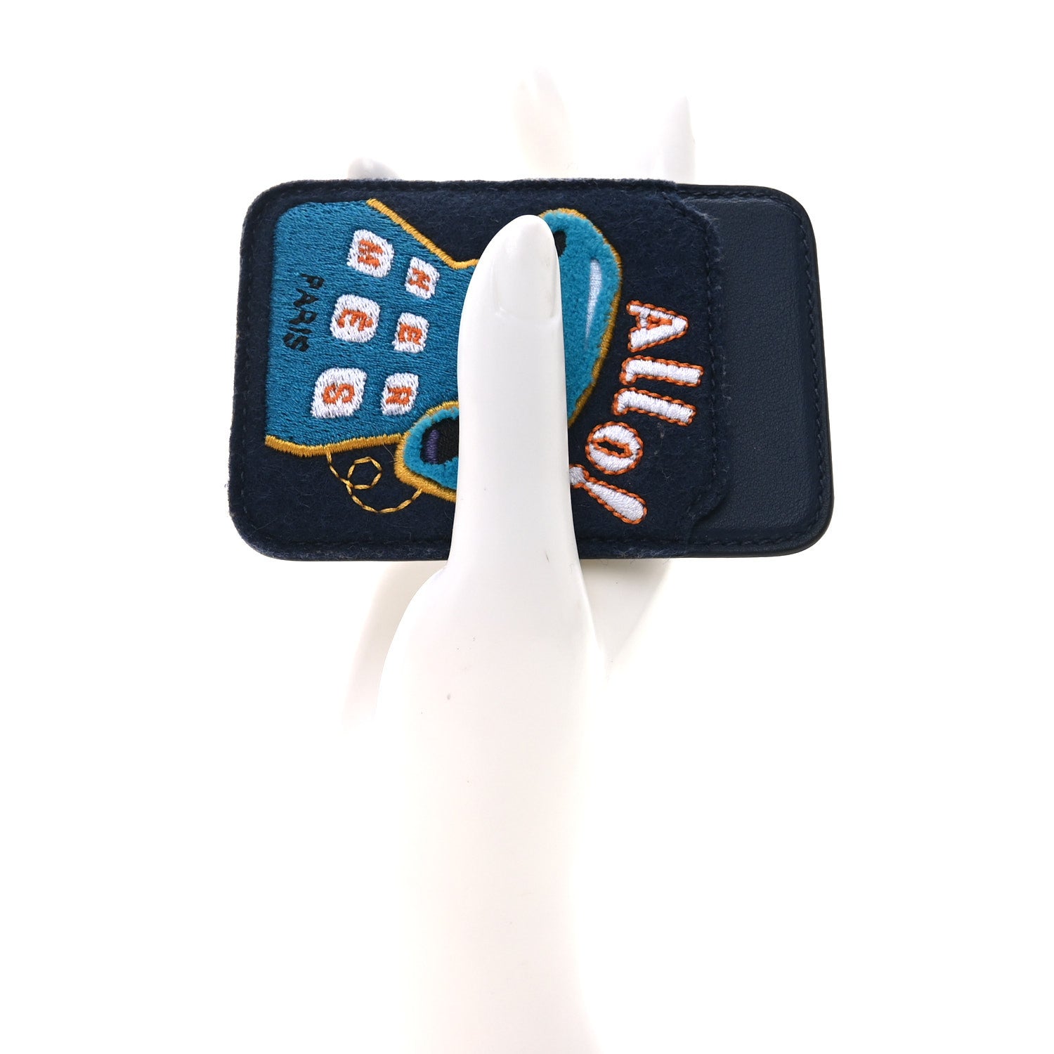 Hermes Feutre Swift Embroidered Allo! MagSafe Card Holder Bleu Navy Multicolore 2 of 5