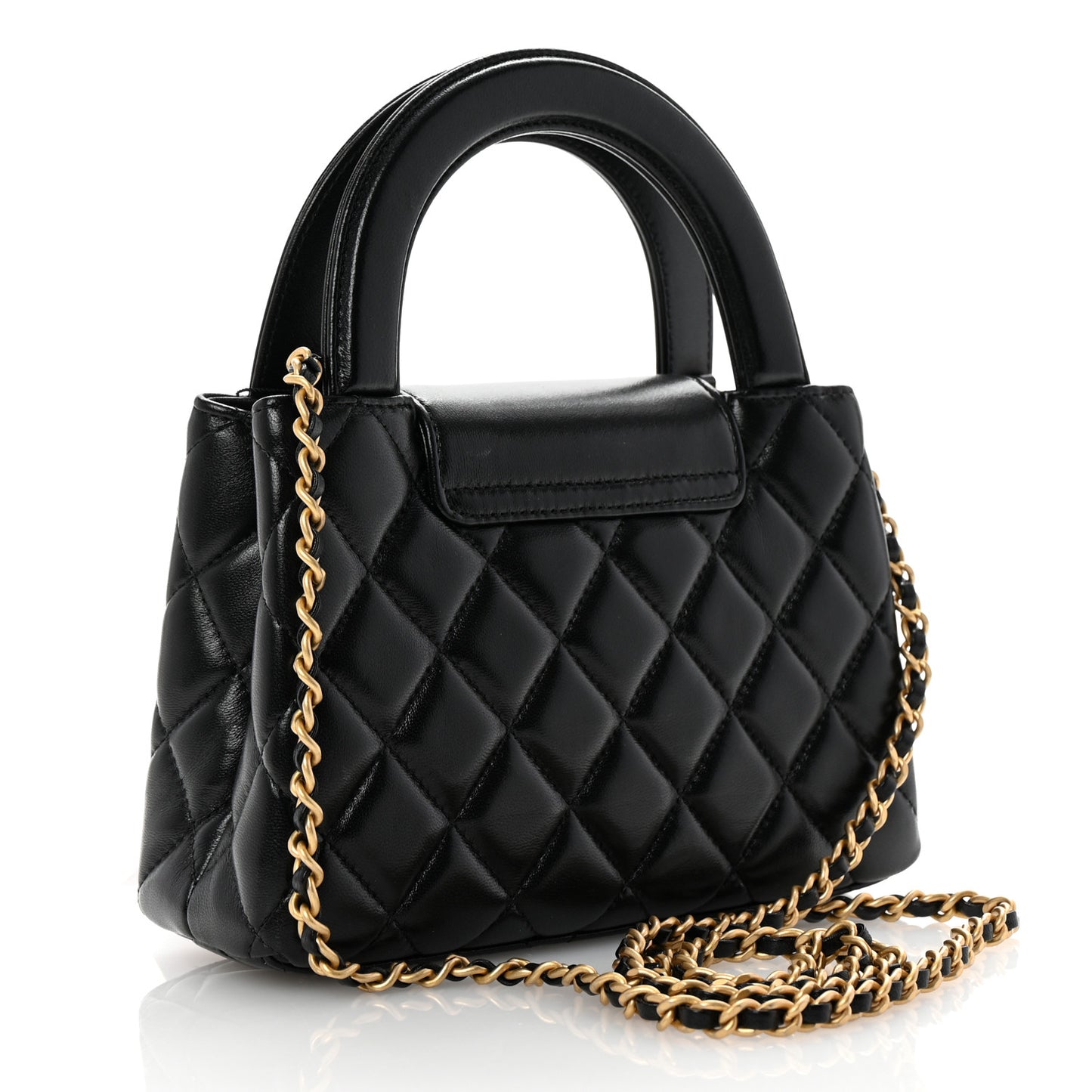 Shiny Aged Calfskin Quilted Nano Kelly Shopper Black
