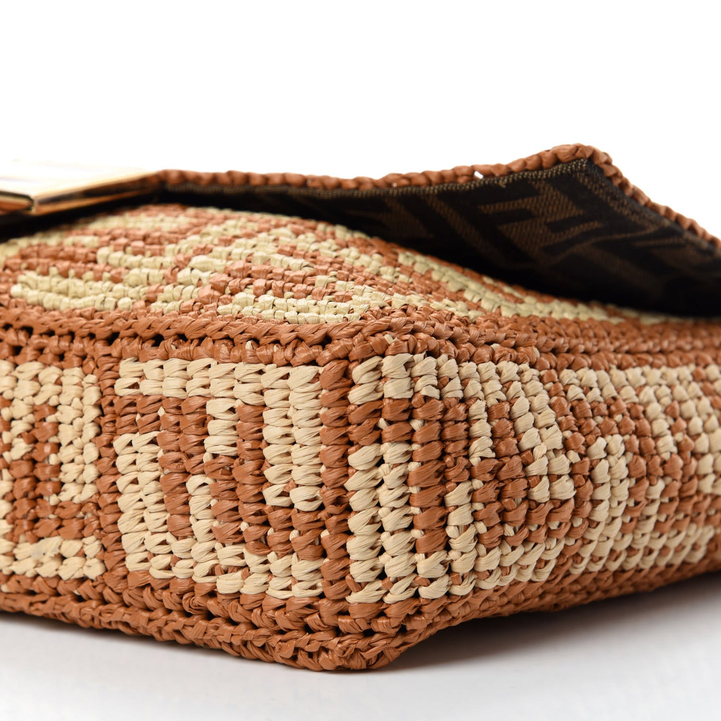 Raffia Vitello Seta FF Woven Large Baguette Brick Natural