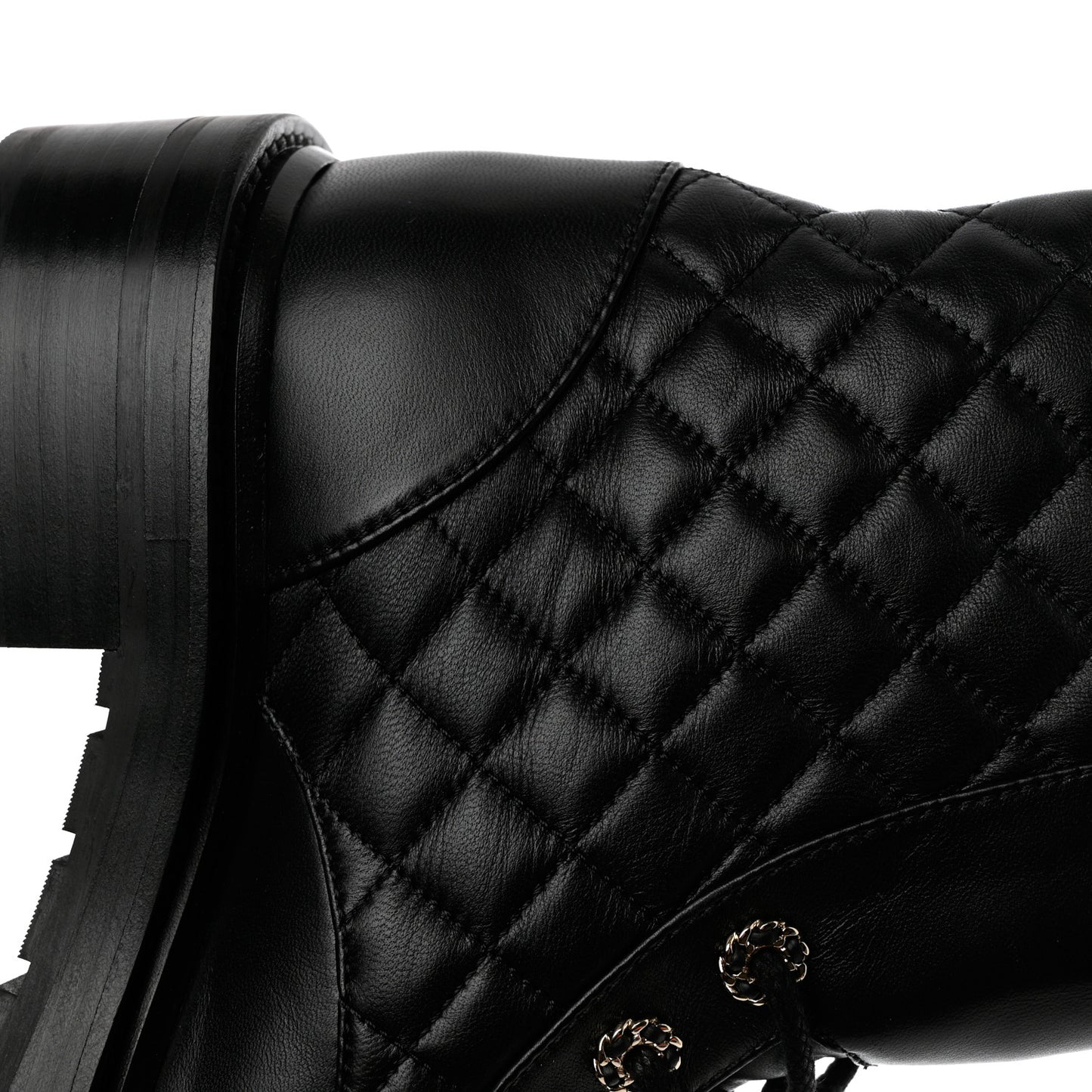 Shiny Lambskin Quilted Lace Up Combat Boots 38.5 Black