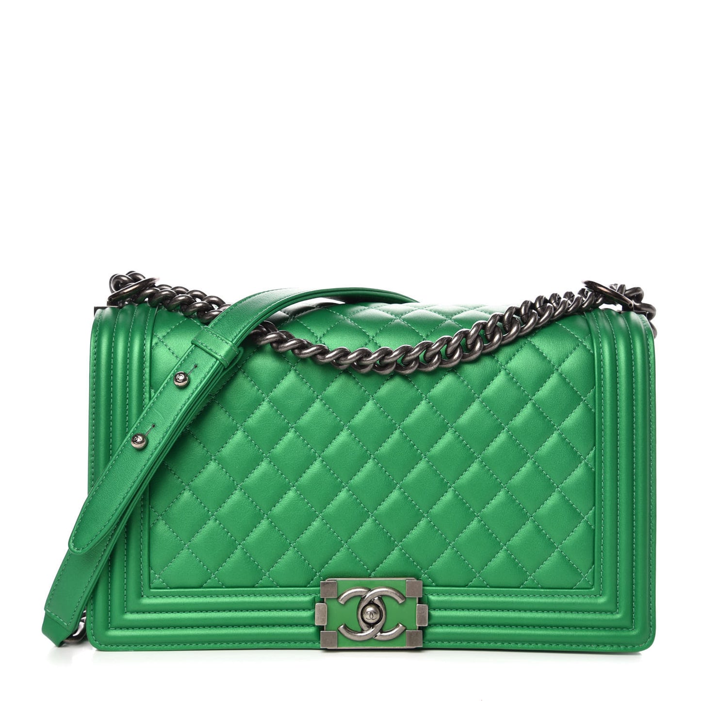 Metallic Calfskin Quilted New Medium Boy Flap Green