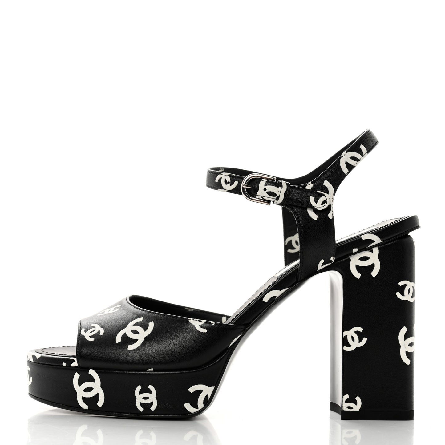 Printed Lambskin CC Platform Sandals 39 Black White