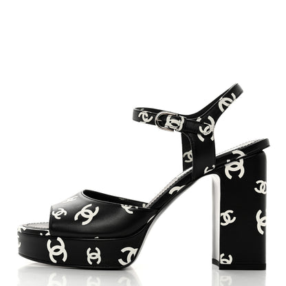 Chanel Printed Lambskin CC Platform Sandals 39 Black White 1 of 9