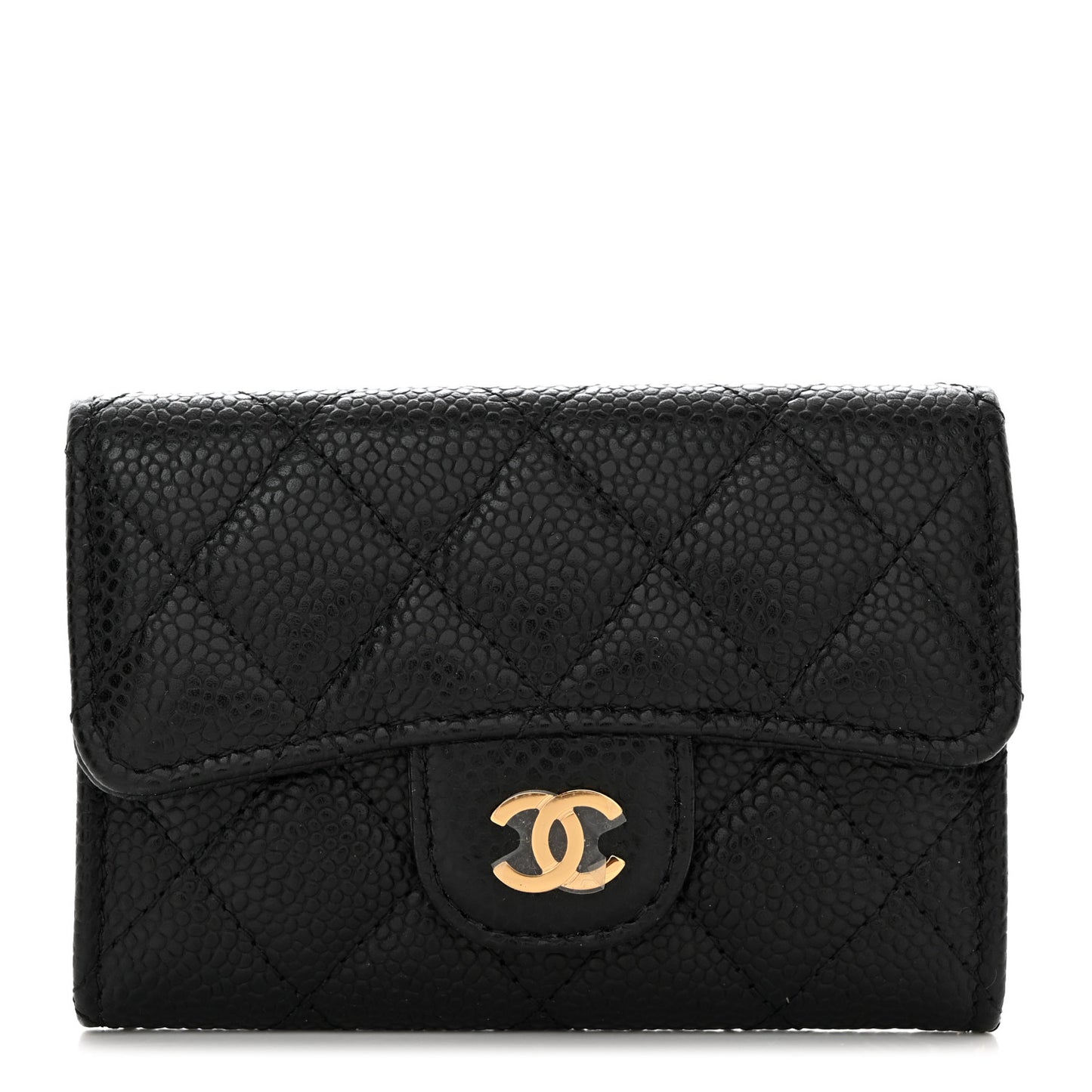 Caviar Quilted Flap Card Holder Wallet Black