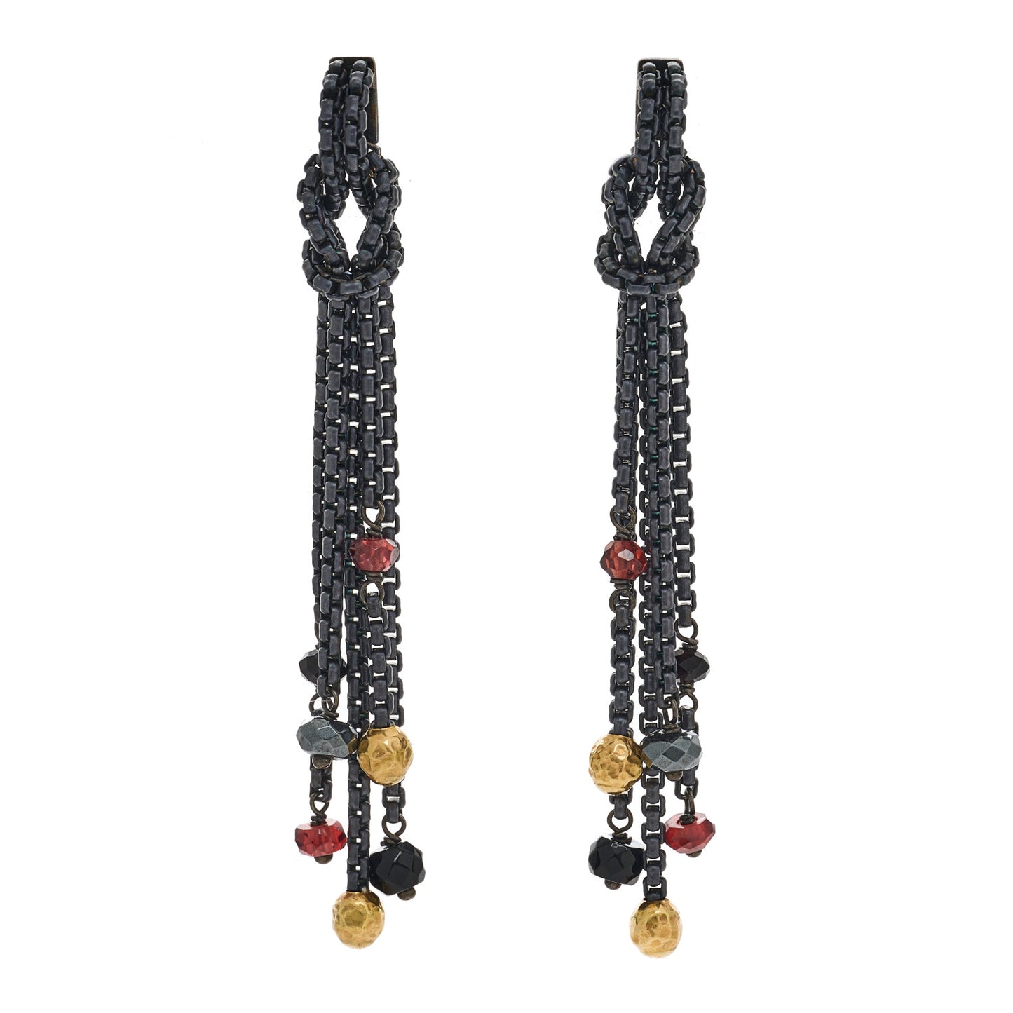 Darkened Sterling Silver 18K Yellow Gold Garnet Hematite Black Onyx Box Chain Knot Drop Earrings