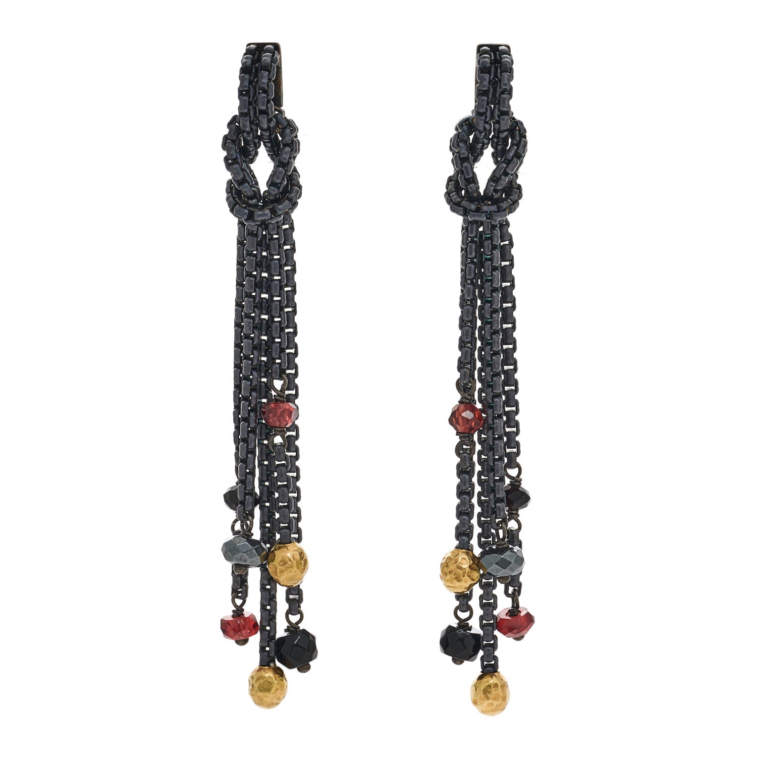 David Yurman Darkened Sterling Silver 18K Yellow Gold Garnet Hematite Black Onyx Box Chain Knot Drop Earrings 1 of 4