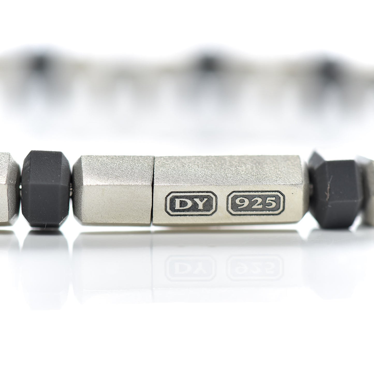 Sterling Silver Rubber Mens Hex Bead Bracelet Grey
