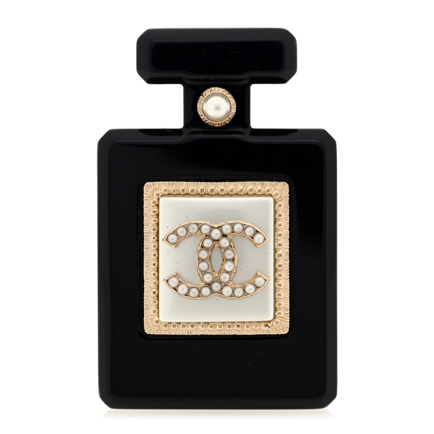 Resin Pearl Perfume Bottle CC Brooch Black Gold
