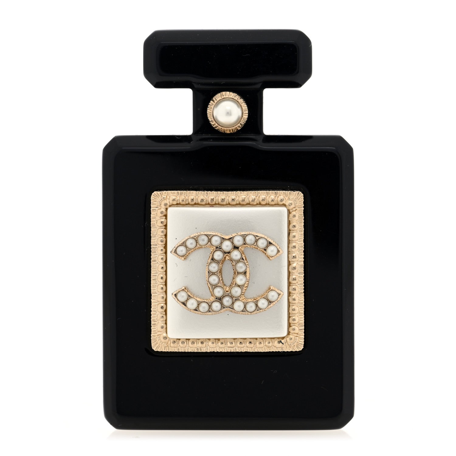 Chanel Resin Pearl Perfume Bottle CC Brooch Black Gold 1 of 4