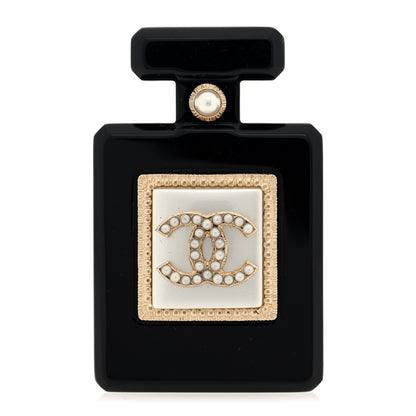 Chanel Resin Pearl Perfume Bottle CC Brooch Black Gold 1 of 4