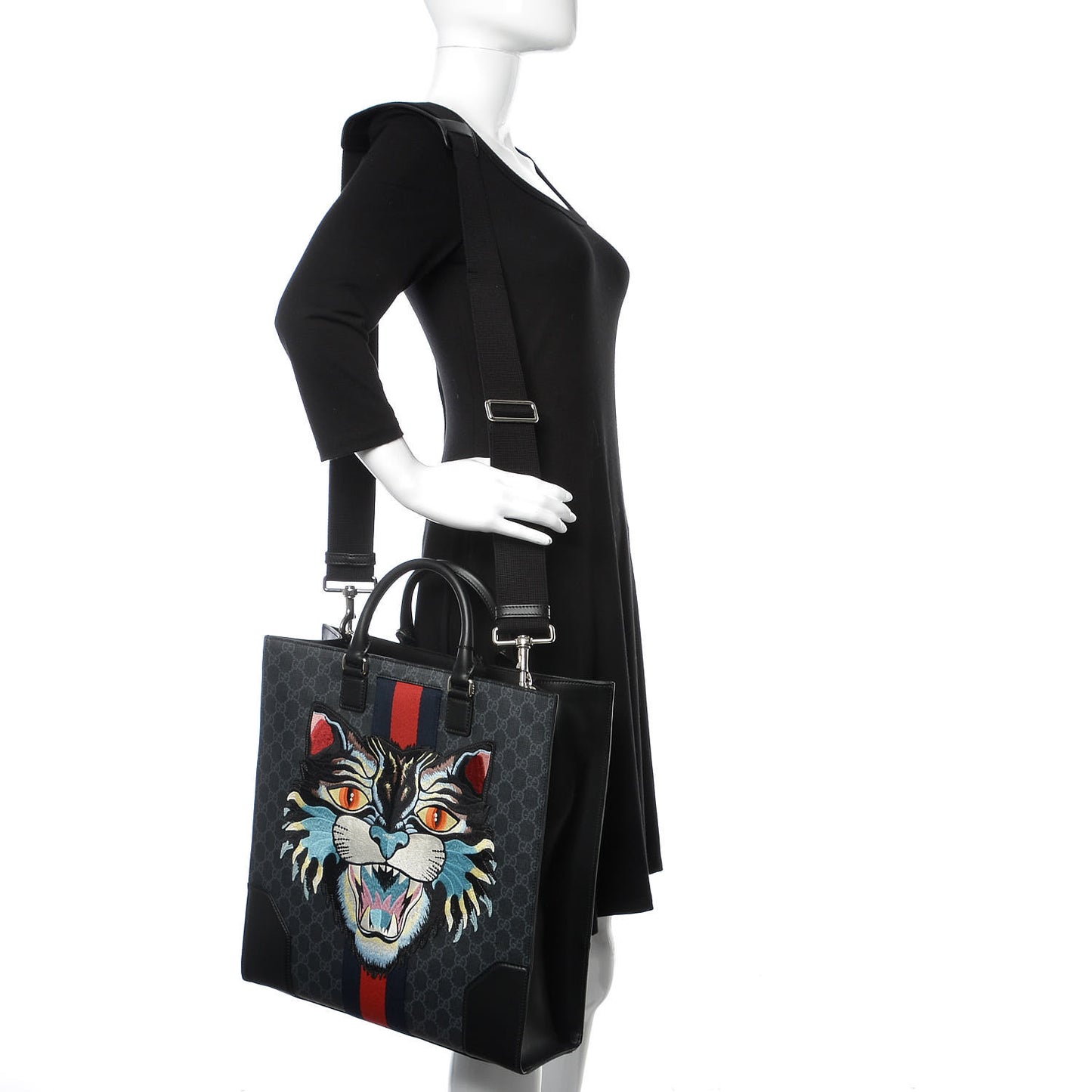 GG Supreme Monogram Web Angry Cat Embroidered Vertical Tote Black Grey