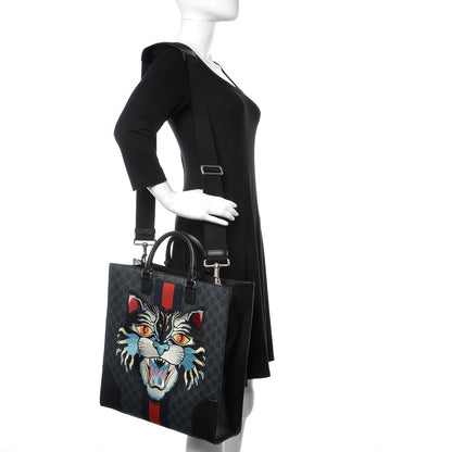 Gucci GG Supreme Monogram Web Angry Cat Embroidered Vertical Tote Black Grey 2 of 9