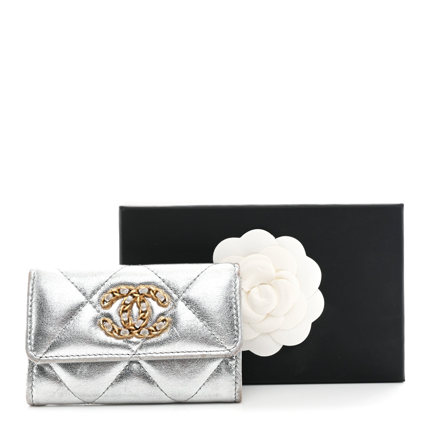 Chanel Metallic Goatskin Quilted Chanel 19 Flap Card Holder Silver 9 of 9